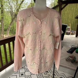 Vintage Pink cat Embroidered Cardigan Sweater